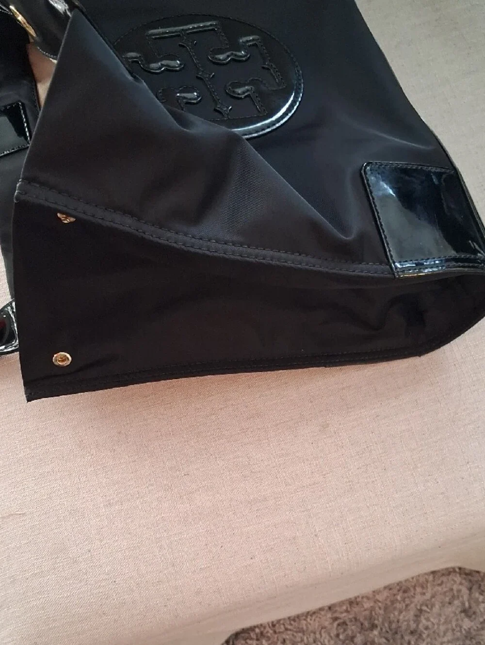 Tory Burch Black Nylon Tote with Patent Trim and Logo